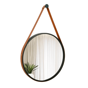 Espelho Decorativo Adnet Preto Alça Em Corino Caramelo 40cm